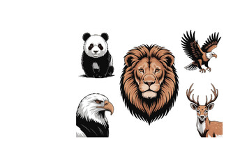 Wild Animal Vector Set – Lion, Panda, Eagle, Deer Illustrations in Bold Graphic Style.