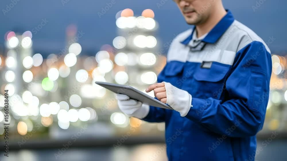 Aufkleber close-up of engineer’s gloved hands tapping tablet interface with refinery infrastructure blurred in
