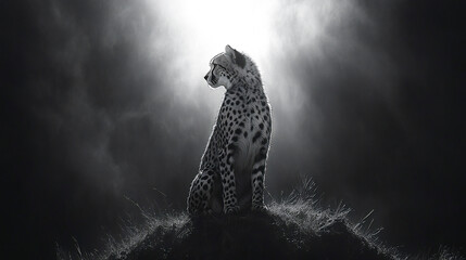 A painted cheetah atop a hill against a sunlit black-and-white backdrop