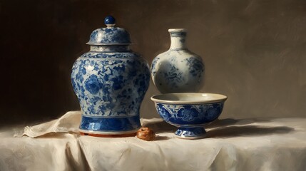 Still life oil painting of antique bowl and vase