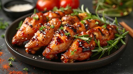Fototapeta premium Delicious glazed chicken wings served on a dark plate, garnished with fresh herbs and sesame seeds, a tasty culinary treat.