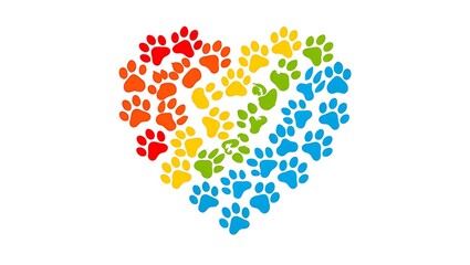 A heart shape made of colorful paw prints arranged on a white background in a pattern design