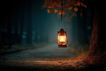 Old Oil Lantern Emitting Warm Glow in Dark Forest, Hanging from Tree Branch, Illuminating Misty Path, Evoking Mystery, Guidance, and Solitude