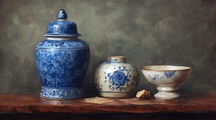Still life oil painting of antique bowl and vase