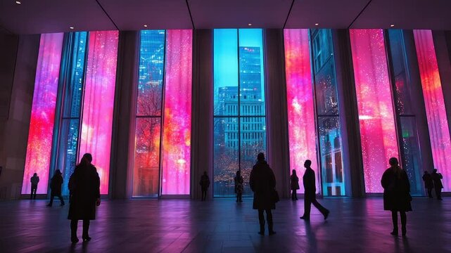 Vibrant light installation fills large windows, showcasing abstract nebula-like patterns against a city backdrop.  People observe the spectacle within the spacious hall