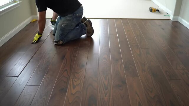 Man installing hardwood flooring on knees, using a green tool