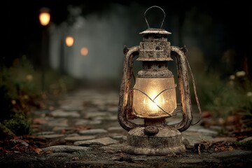 Old Rusty Lantern Glowing on Cobblestone Path in Misty Forest, Creating a Mysterious and Atmospheric Scene of Solitude and Guidance
