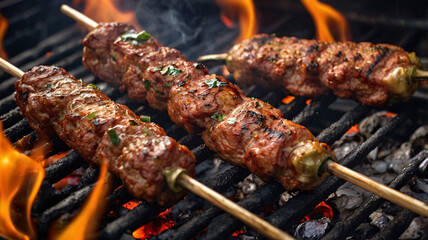 Seekh Kabab Rods Placed on a Sizzling Grill Over Open Flame