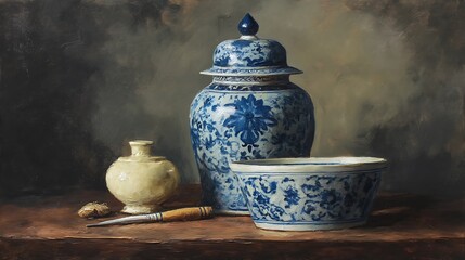 Still life oil painting of antique bowl and vase