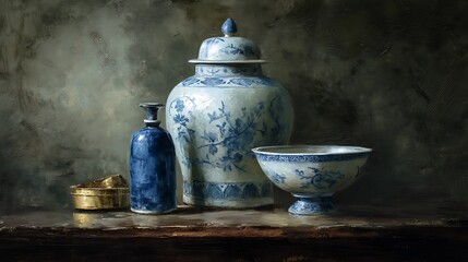 Still life oil painting of antique bowl and vase