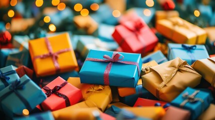 Colorful gift boxes piled high, holiday lights out of focus in the background