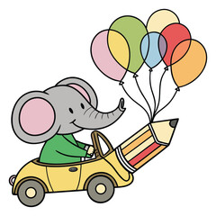 Elephant's Joyful Balloon Ride in a Pencil Car