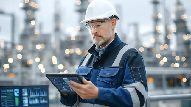 Backlit tablet reflects in engineer&rsquo;s visor as he monitors digital twin of a sustainable refinery integrated with smart grid analytics.