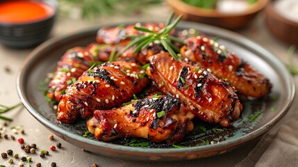 Fototapeta premium Delicious grilled chicken wings on a plate served with herbs and sesame seeds offer a flavorful dining experience.
