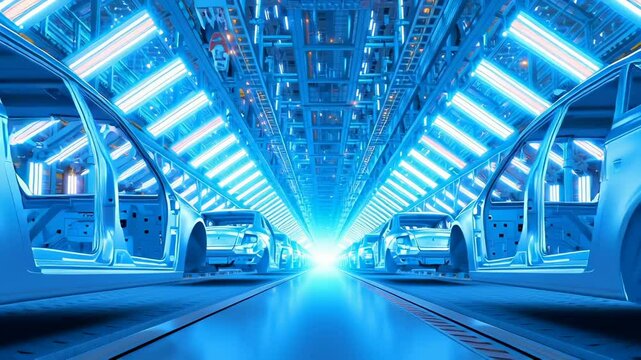 Symmetrical car assembly line with blue neon lighting, showing multiple vehicle chassis in high-tech industrial environment with parallel production tracks and illuminated structural framework.