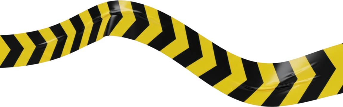 Wavy yellow and black chevron pattern tape A glossy reflective caution strip undulating horizontally transparent - Powered by Adobe