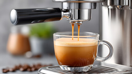 Espresso coffee being brewed in a glass cup, showcasing rich crema and steam, with coffee beans and blurred background elements enhancing the scene. Selective focus
