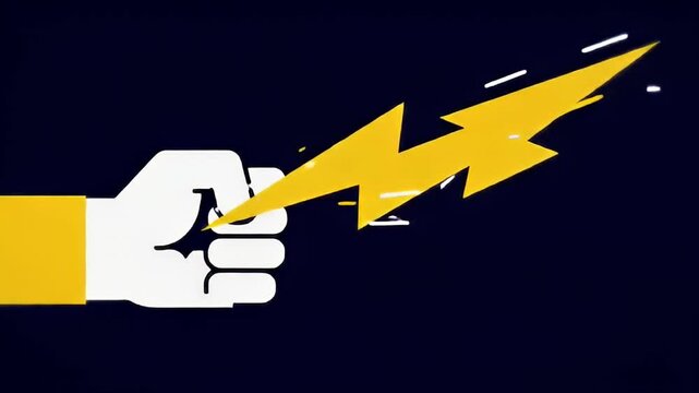 A fist clutches a yellow lightning bolt against a dark background