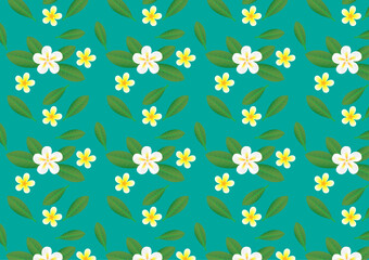 Frangipani flowers and green leafs pattern on blue background.