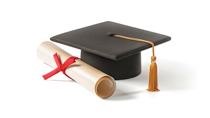 A graduation cap with an elegant tassel is positioned alongside a rolled diploma featuring a red ribbon. This visually striking representation highlights the joy and accomplishment associated with com