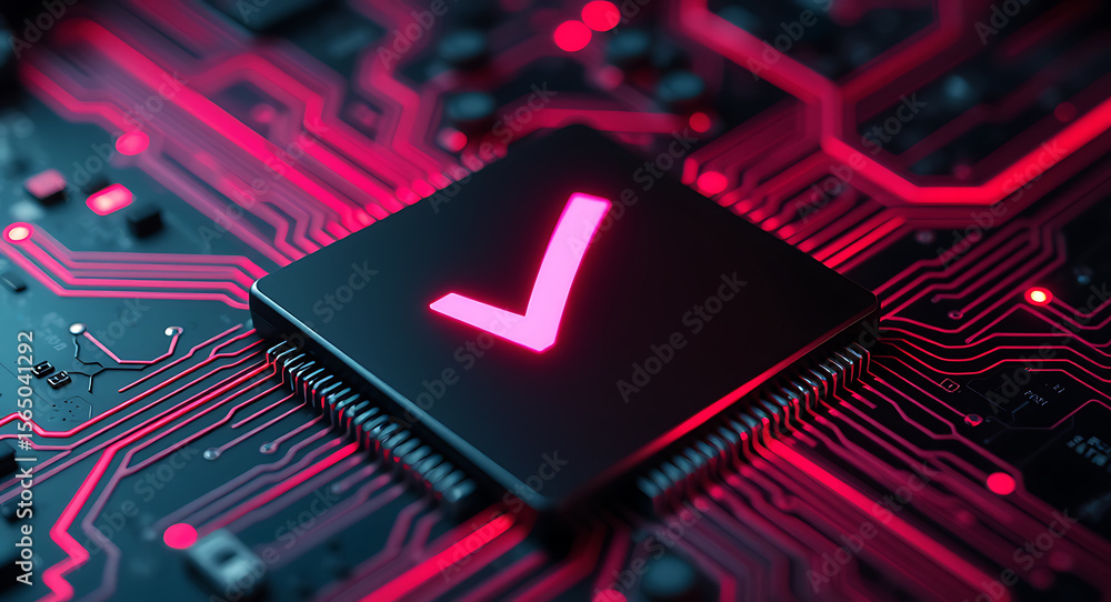 Poster glowing pink checkmark on black computer chip with red circuit board technology