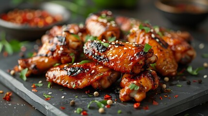 Delicious glazed chicken wings presented on a dark slate, garnished with fresh herbs and sesame seeds for a flavorful appetizer