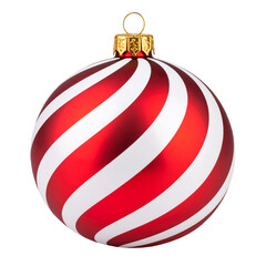 Glass ball toy for Christmas tree. Red and white striped ball isolated on white background.