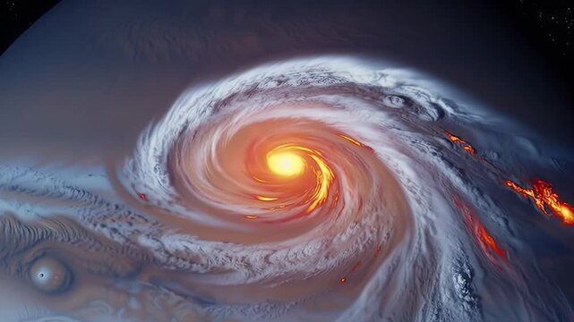 Swirling storm on planet, orange core with layered, textured clouds