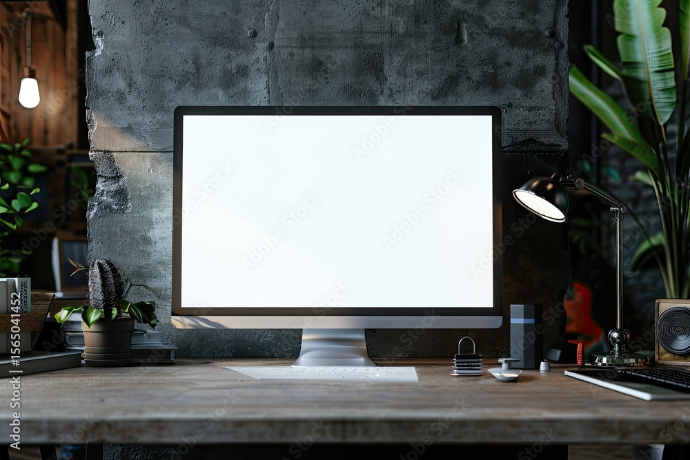 Fototapete detailed color image of desktop computer on workspace table showing blank white screen