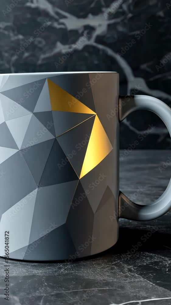 Poster a close-up view features a uniquely designed coffee mug with geometric patterns placed on a dark sto
