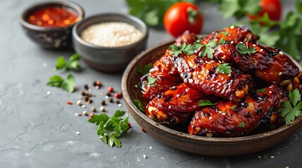 Delicious grilled chicken wings with sesame seeds and fresh rosemary presented on a black plate, ready to eat.	