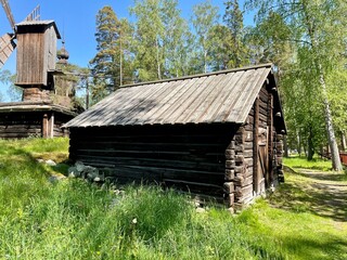 Old dilapidated ancient wooden house in the village. Finland, 19th century