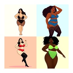 Diverse Plus Size Women in Lingerie – Flat Vector Collage

