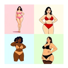 Diverse Plus Size Women in Lingerie – Flat Vector Collage


