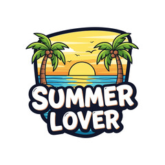 Fototapeta premium Colorful Summer Lover vector logo with tropical palm trees, ocean view, and sunset, suitable for branding beachwear and summer goods