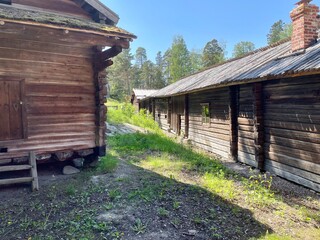 Old dilapidated ancient wooden house in the village. Finland, 19th century