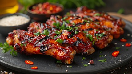 Delicious grilled chicken wings with sesame seeds and fresh rosemary presented on a black plate, ready to eat.	