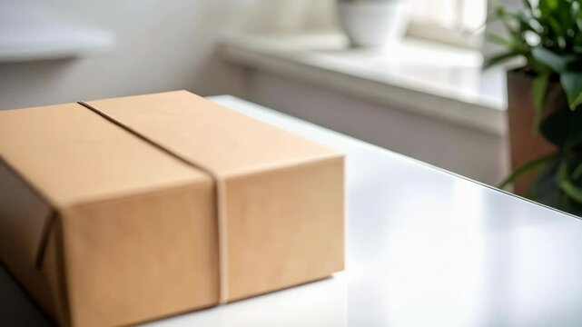Brown cardboard package tied with string sits on a white desk next to a pencil and plants by a bright window providing natural light