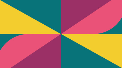 Abstract geometric background with a vibrant mosaic of triangles in yellow, pink and teal. A colorful and energetic design with a sharp, contemporary pattern.