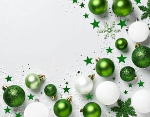 Green and white christmas ornaments with snow on white Background