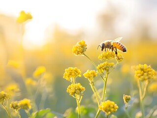 "Bee on Yellow Flower in Serene Field"