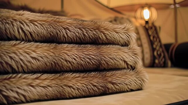 Stack of three furry tan blankets with soft lighting