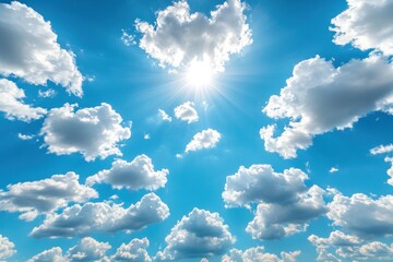 Radiant Sunburst Through Cumulus Clouds: Vibrant Blue Sky Canvas