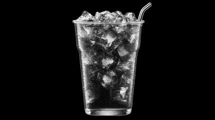 Cold drink with ice cubes and metal straw on black on transparent background