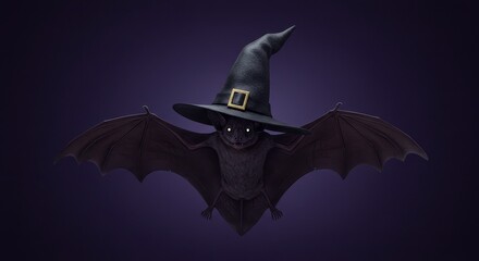 Bat in Witch's Hat Halloween - Spooky Halloween bat, witch's hat, dark background, nocturnal creature, magical symbol. Concept: Mystery, magic, Halloween, darkness, festivity