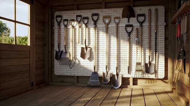 Organized garden tools hanging on a pegboard inside a wooden shed