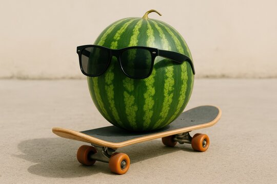 Watermelon on Skateboard with Sunglasses. National Watermelon Day
