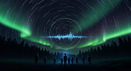 Children stand in awe of the aurora borealis and cosmic signals.