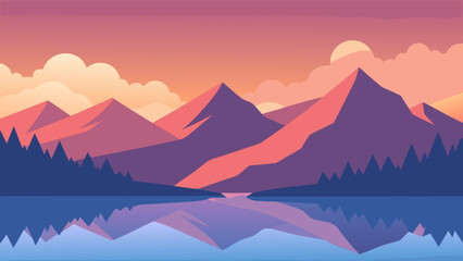 Fototapeta premium Serene mountain landscape with a calm lake reflecting the colorful sunset sky