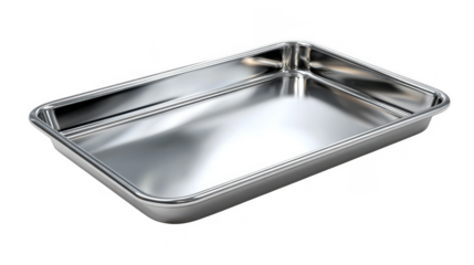 Shiny metal baking pan on black background view on transparent background